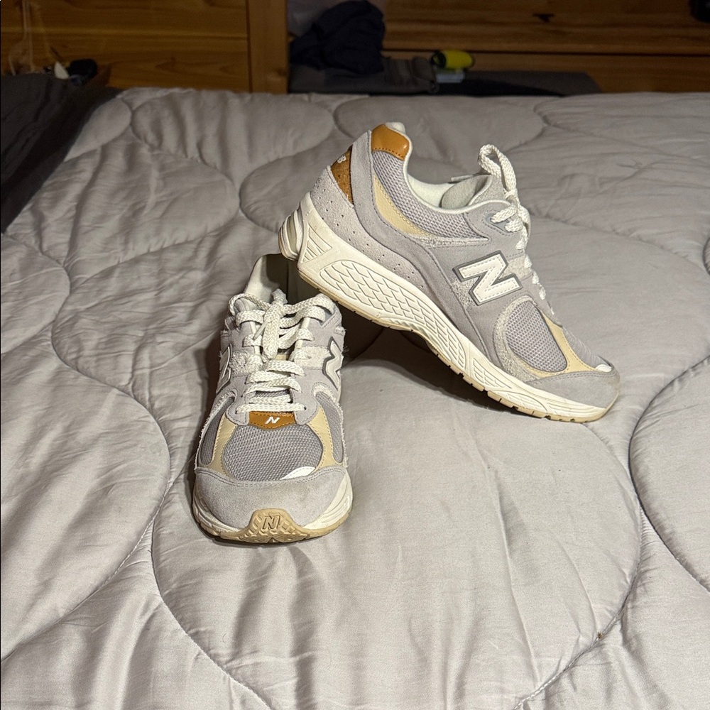 New Balance Light Gray and Tan Athletic Sneakers